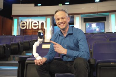 Simon Pierro at the Ellen DeGeneres Show with his robot ClicBot